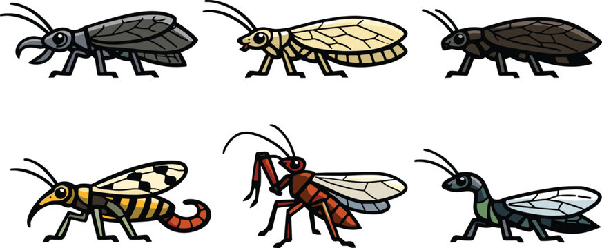 Pop art field insect vector icons set with bold stencil style colorful bug graphics for urban clothing print
