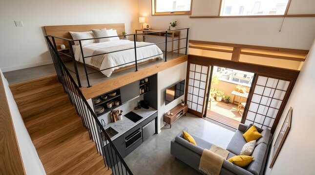 Modern small loft apartment interior with a cozy bed and living room area