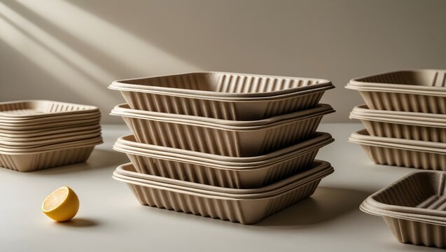 Stacked eco-friendly biodegradable food containers for sustainable catering