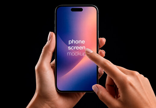 Front View Mockup Smartphone Female Hands Touch Screen Dark Background