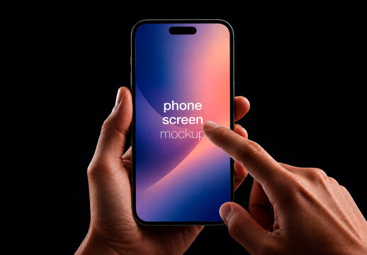 Front View Mockup Smartphone Male Hands Touch Screen Dark Background