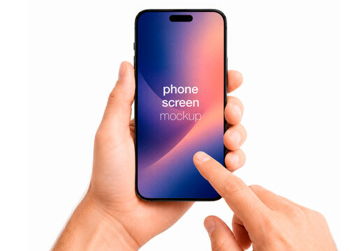 Front View Mockup Smartphone Male Hands Touch Screen White Background