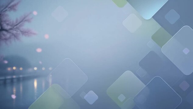Abstract seamless looping geometric background with soft blue mist, translucent square pattern, glowing light reflections, blue gradient, soft glow, transparent shape, blurred light misty atmosphere
