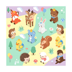 Obraz premium Isometric vector illustration of cute woodland baby animals featuring a fox, deer, rabbit, bears, owls, and ducklings with backpacks on a pastel colored outdoor landscape.