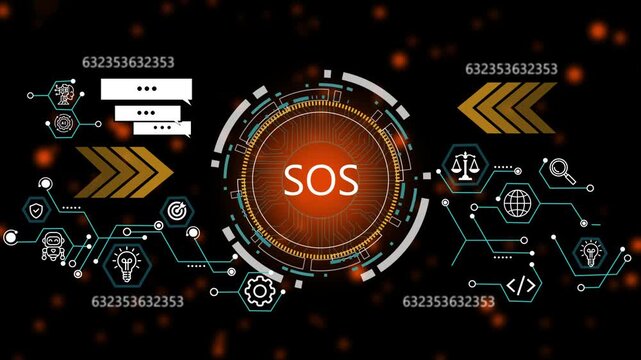  Glowing project management button in German on a futuristic, abstract wave SOS on black background. Smart city, digital world, Global communication network concept. 