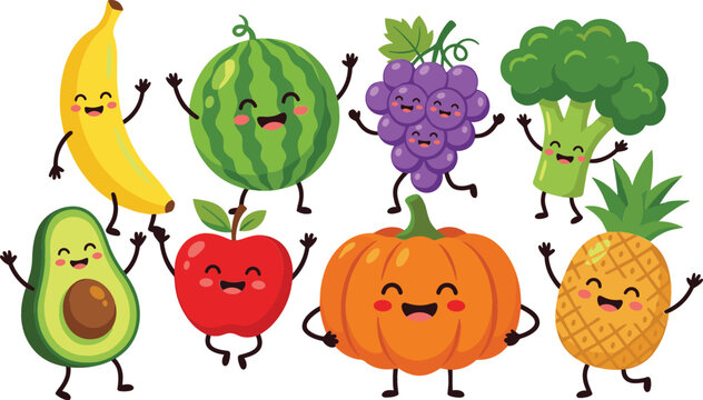 Cute cartoon fruits and vegetables collection set featuring banana watermelon grapes broccoli avocado apple pumpkin and pineapple isolated on white background flat vector illustration