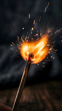 Close-up of matchstick igniting with bright flame. Single burning match head creating fiery sparks and orange glow.