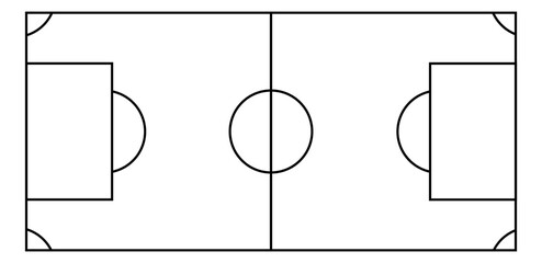 Overhead view of a soccer field diagram with goal boxes and center circle black lines on white © Abdul
