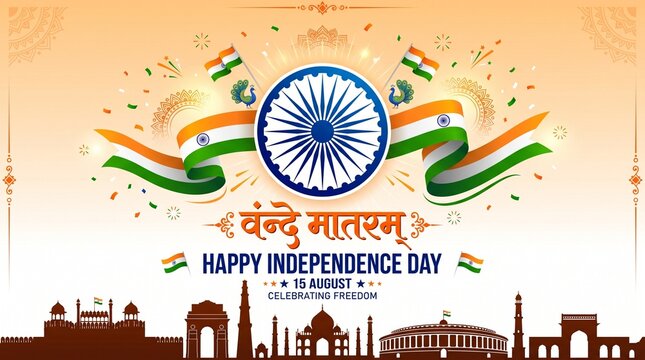 Independence day patriotic banner with Indian flag. Hindi text Vande Matram means I salute you, Mother.