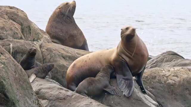 Colony of sea lions and seals relax on rocky shores in the Arctic, showcasing their playful young cubs. Watch as they frolic and bond in the cold, vibrant environment.
