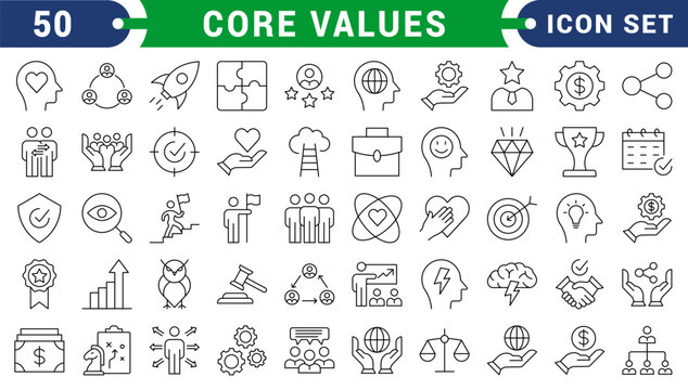 Corporate Core Values Line Icons &ndash; Business Ethics, Integrity, Leadership, Teamwork, Trust and Innovation Editable Stroke Vector Set