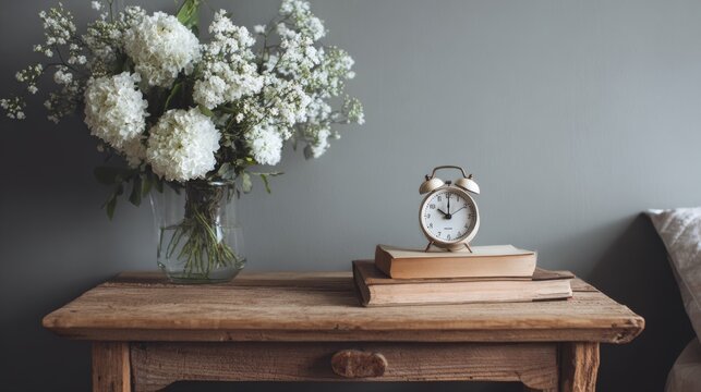 Wooden bedside table with white flower vase, books and classic alarm clock against gray wall in modern minimalist bedroom interior
