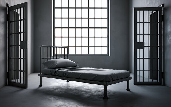 Minimalist prison cell with iron bars, single bed, concrete floor, large window, and soft daylight creating somber mood