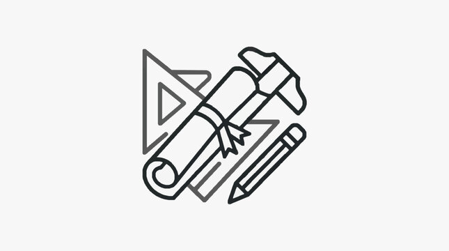 Industrial Black and White of Construction Tools and Play Button Overlay with high quality professional line art symbols for modern creative design and digital branding projects