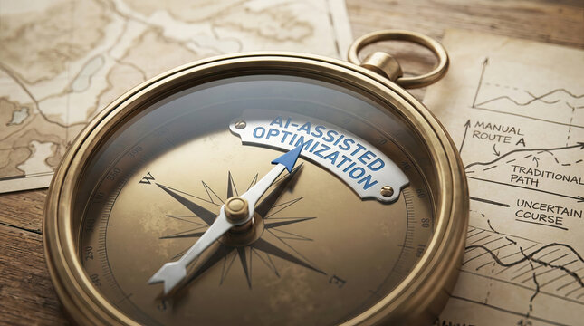 Navigation compass map route optimization direction brass antique needle exploration travel concept with AI assisted label on vintage paper chart