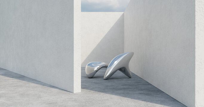 Escultura de Metal L&iacute;quido 3D en Patio Minimalista de Cemento con Sombras de Luz Solar