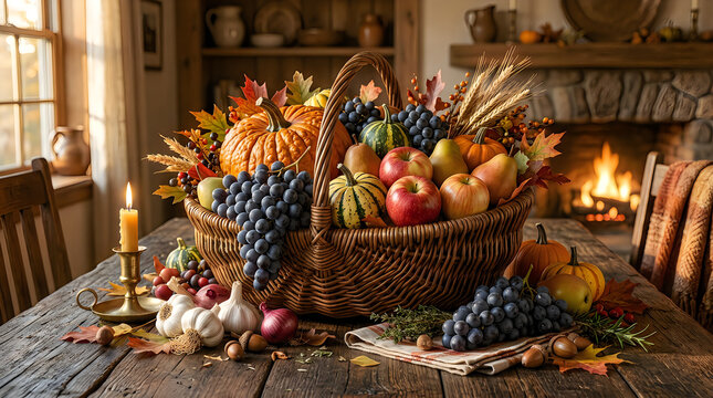 Wicker basket filled with fresh autumn harvest fruits and vegetables on a rustic wooden table