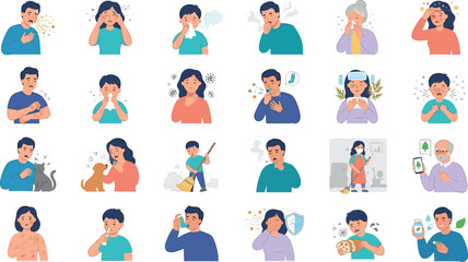 Fototapeta premium Allergy Symptoms and Prevention Collection with Sneezing, Coughing, Skin Rash, Dust Allergy, Pet Allergy, and Healthcare Vector Illustration Set