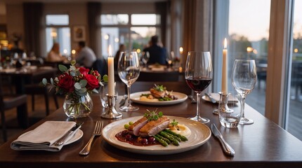 Fototapeta premium Elegant Romantic Fine Dining Table with Gourmet Meal and Candlelight Ambience