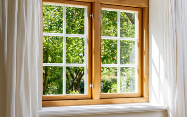 Fototapeta premium Wooden sash window with multiple panes, sunlight streaming through, white curtain, green trees outside, peaceful home interior