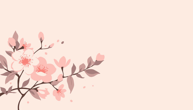 A single branch of soft pink cherry blossoms with falling petals is artistically rendered on a light peach backdrop, offering ample space for text.