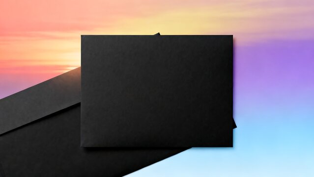 Black envelope lying on colorful abstract gradient background with soft clouds.