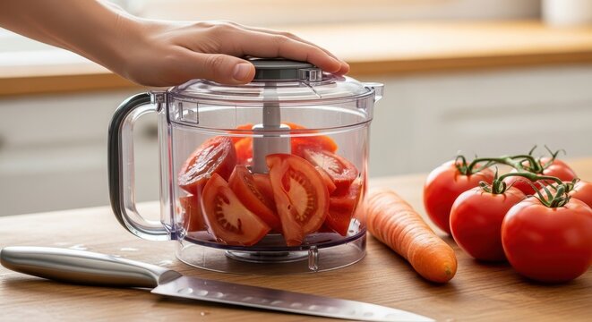 Person Using a Food Processor to Chop Fresh Tomatoes in a Modern Kitchen Setting for Healthy Meal Preparation