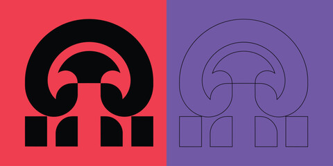 Obraz premium Abstract symmetrical emblem with thick black shape and thin outline version on red and purple split background