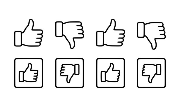 Thumbs up and thumbs down linear icons set with editable stroke minimal like and dislike voting hand symbols for website feedback UI