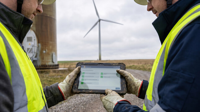 Wind turbine technician reviewing maintenance log