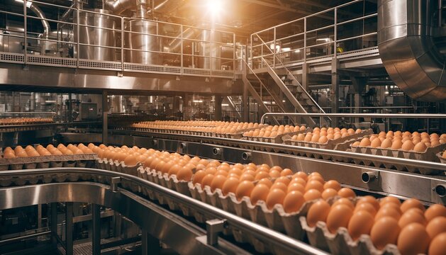 Industrial Egg Processing Line in a Modern Factory. Automated Egg Packaging System with Conveyor Belts and Machinery