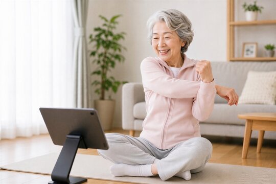 自宅でタブレットを見ながらオンライン体操をするシニア女性