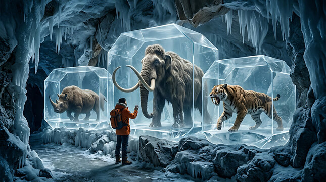 Explorer Discovers Ancient Ice Age Creatures Mammoth, Woolly Rhino, and Saber-toothed Tiger Frozen in a Glistening Glacial Cave