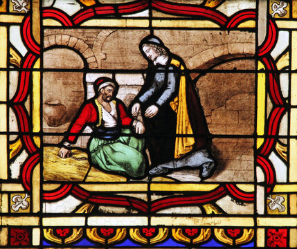 Vincent de Paul helps a prisoner, stained glass window from Saint Germain-l'Auxerrois church, Paris