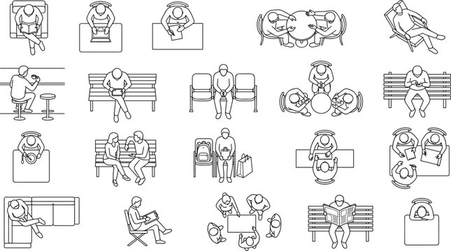 Top view architectural people scale figures set featuring minimalist floor plan entourage outline vector icons