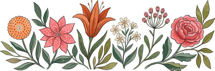 Horizontal floral border with vintage wildflower arrangement featuring rose lily and botanical leaves vector illustration isolated on white background for wedding invitation greeting card © MdSaddam