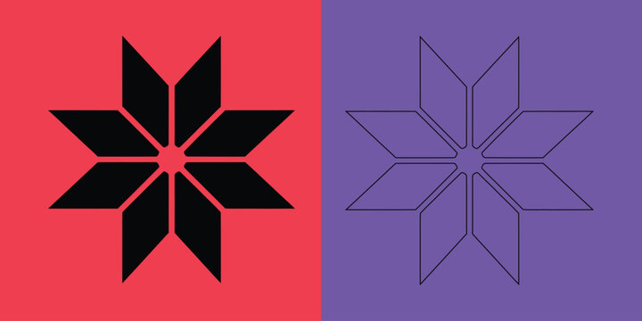 Geometric eight pointed star shape in solid black and outline style on split red and purple backgrounds