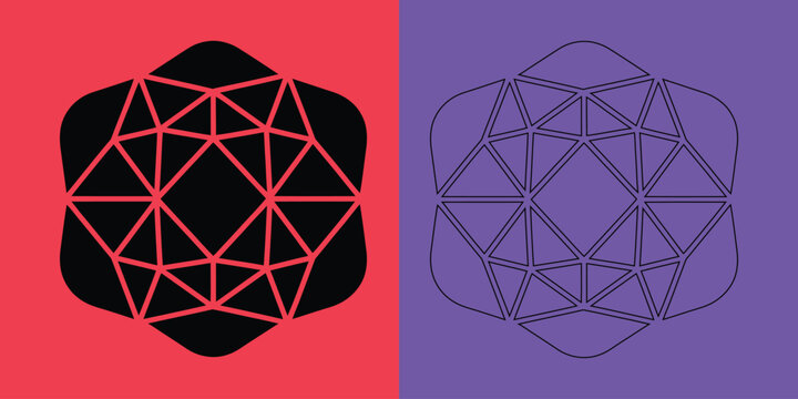 Geometric hexagonal pattern with intersecting triangle lines on red and purple backgrounds