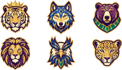 Obraz premium Thin line wild animal head vector icons set with minimalist modern colorful royal predator emblems isolated on white background