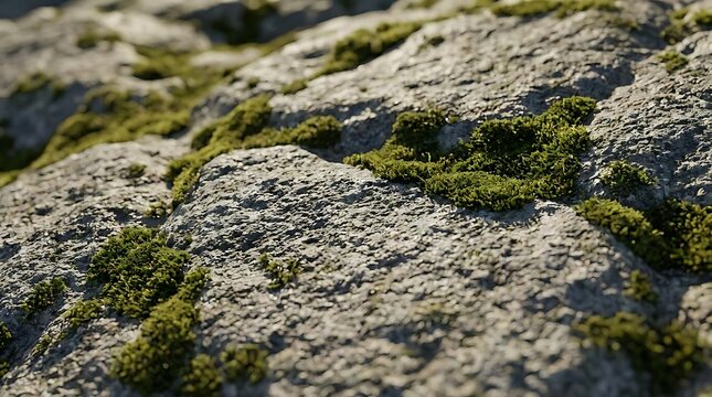 A detailed close-up shot of green moss growing on a rocky mountain surface during a pinnacle tripper expedition through rugged and wild nature terrain