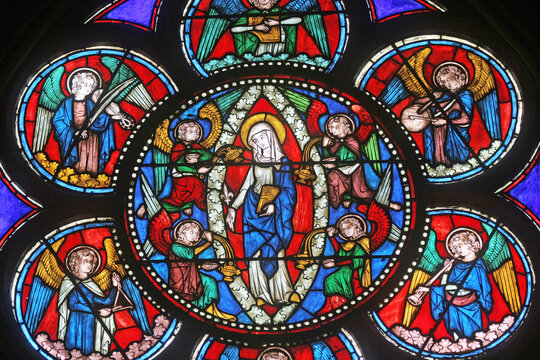 Virgin Mary, stained glass window in the Notre Dame Cathedral, UNESCO World Heritage Site in Paris, France