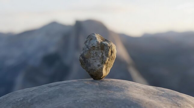 A solitary stone balancing on a rock pinnacle tripper concept in a peaceful mountain landscape with soft lighting and a blurred background for focus