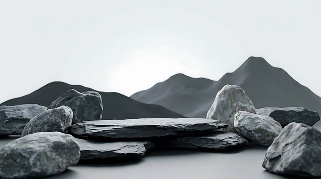 A serene pinnacle tripper nature podium with natural stone slate platforms and rough rocks set against a minimalist mountain silhouette for product display