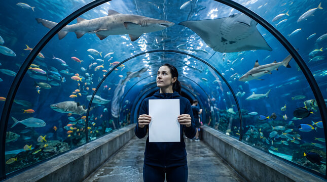 Woman holding blank sign in an aquarium tunnel with sharks and fish