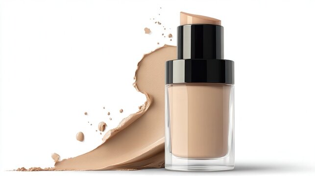 Light tone liquid foundation makeup bottle and texture with foundation, skincare