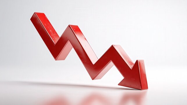 Red 3D zigzag arrow pointing down representing financial decline with recession