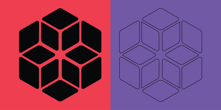 Isometric cube cluster set with solid black and outline versions on red and purple backgrounds