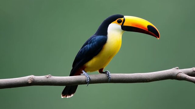 Vibrant toucan perched on a branch in tropical forest. Exotic colorful bird with large beak resting in lush green foliage.