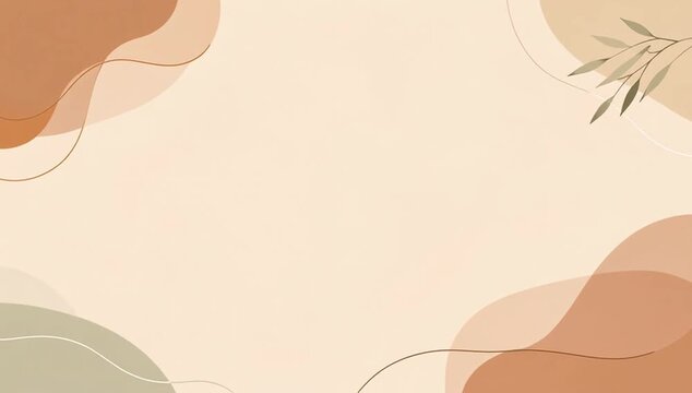 Abstract beige background with seamless organic shape, botanical line art, elegant modern design, soft pastel texture, terracotta leaf accent for wallpaper and template seo friendly background
