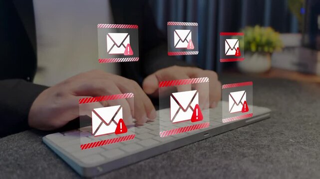 Phishing or malware emails. Warning alert is displayed. Security software detecting malicious emails. 